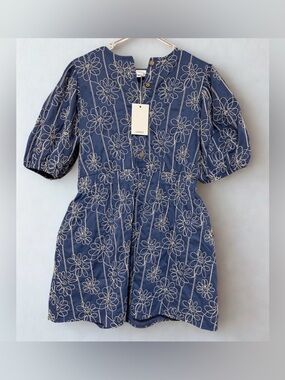 Blue Floral Embroidered Puff Sleeve Mini Dress NWT! Lovelo Sz S
